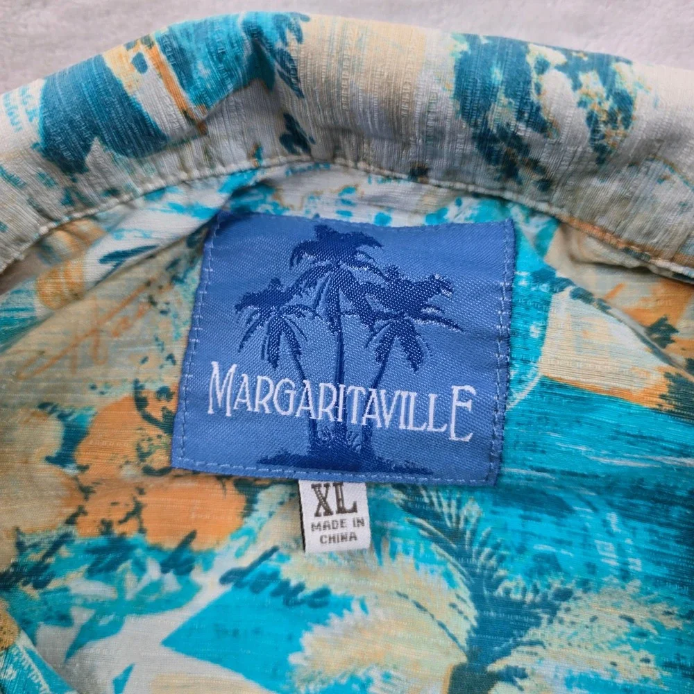 Margaritaville Silk Shirt Mens XL Blue Tropical Travel Eiffel Tower Button‎ Down